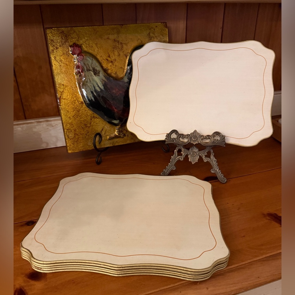 Veneer Trivet Ivory & Gold Trim Side Dish Mat Trays Cork Backed 1960' Set of 6